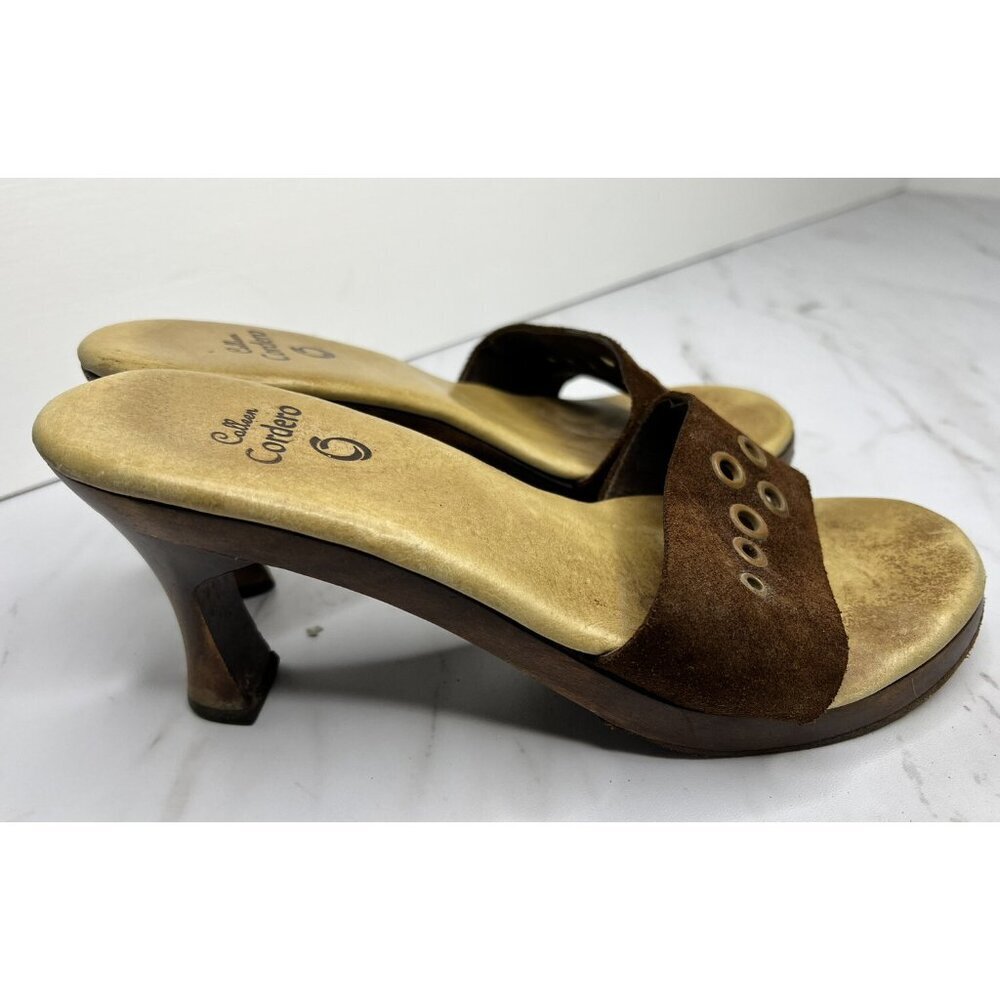 Calleen Cordero Brown Suede Grommet Slide Wood Heel Sandals Size 8